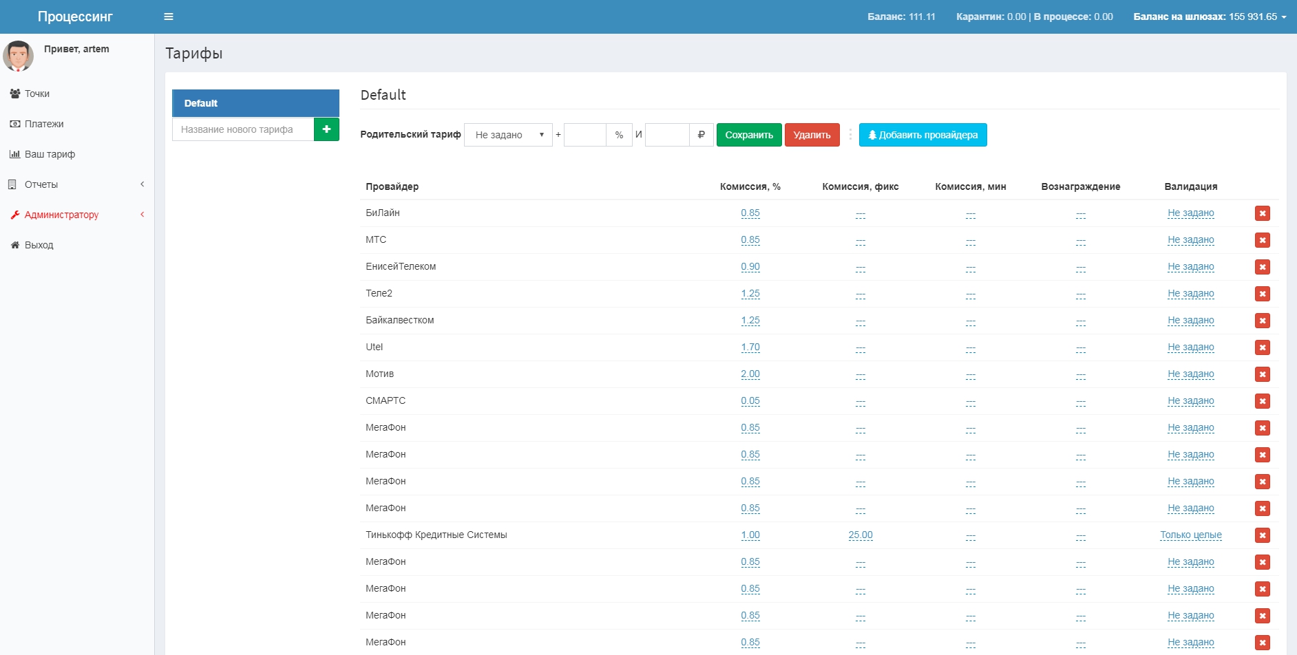 Интерфейс редактирования тарифа Интерфейс редактирования тарифа